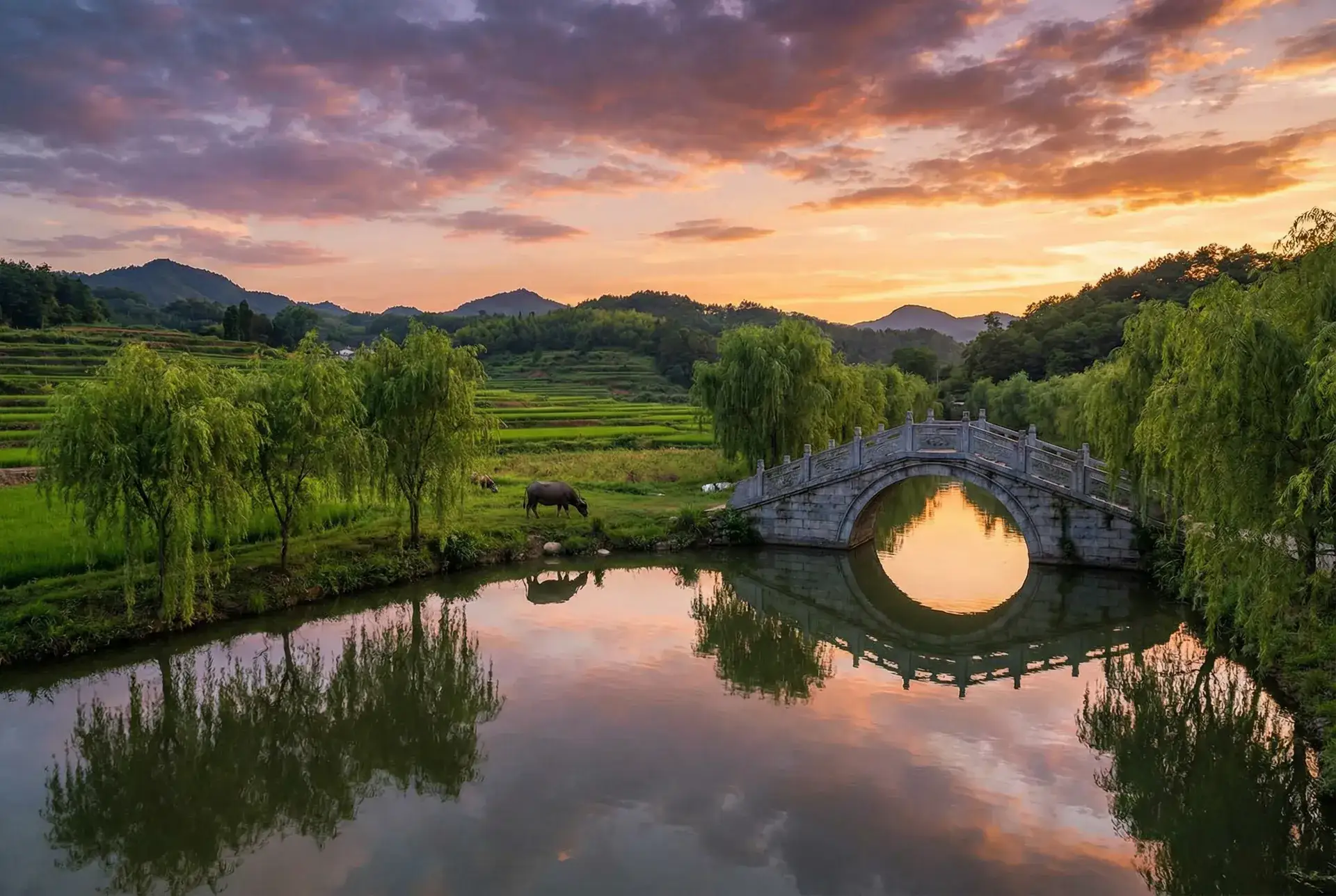 夕阳下的石拱桥与垂柳，水牛在河边吃草 - 18 moe.net 乡村美景